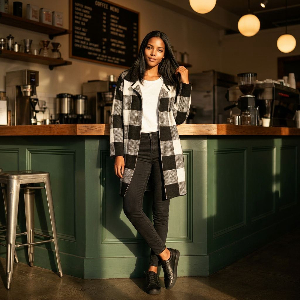 Women's Woven Heart Black & White Plaid Longline Collared Cardigan L Cozycore